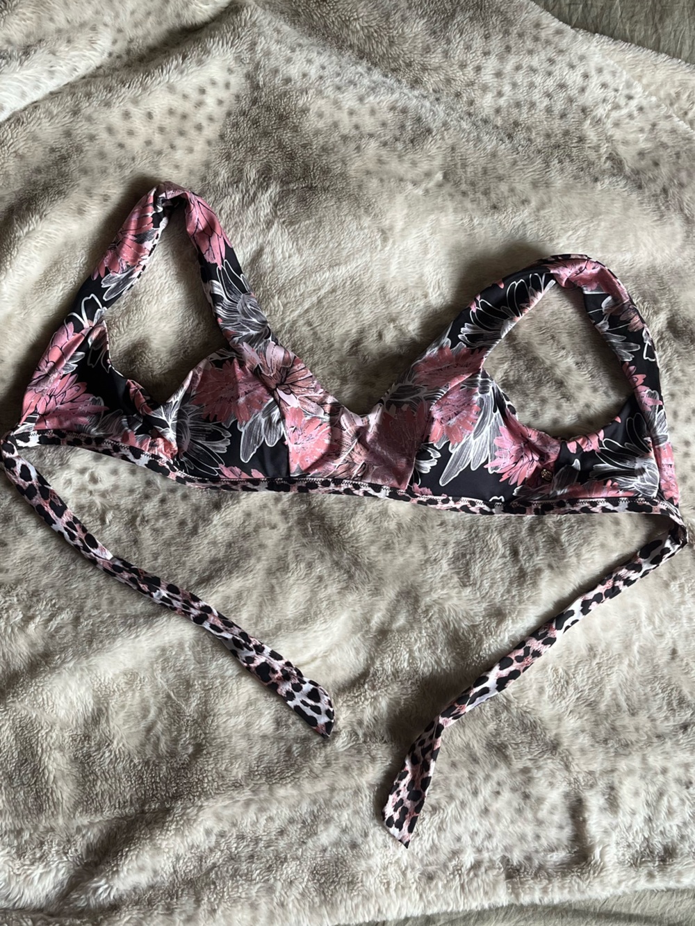 Black Bikini Top with Pink Floral Print and Reversible Leopard Print